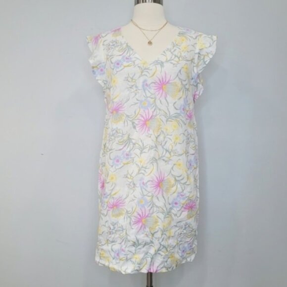 Joie Flutter Sleeve Linen Ivory Mini Floral Pastel Short Garden Dress Small Pink - Picture 1 of 7